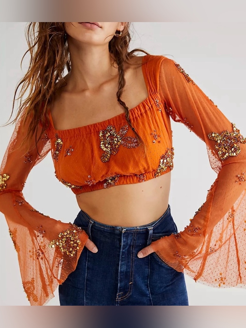 Free People Orange Sheer Embellished Long-Sleeve Crop Top